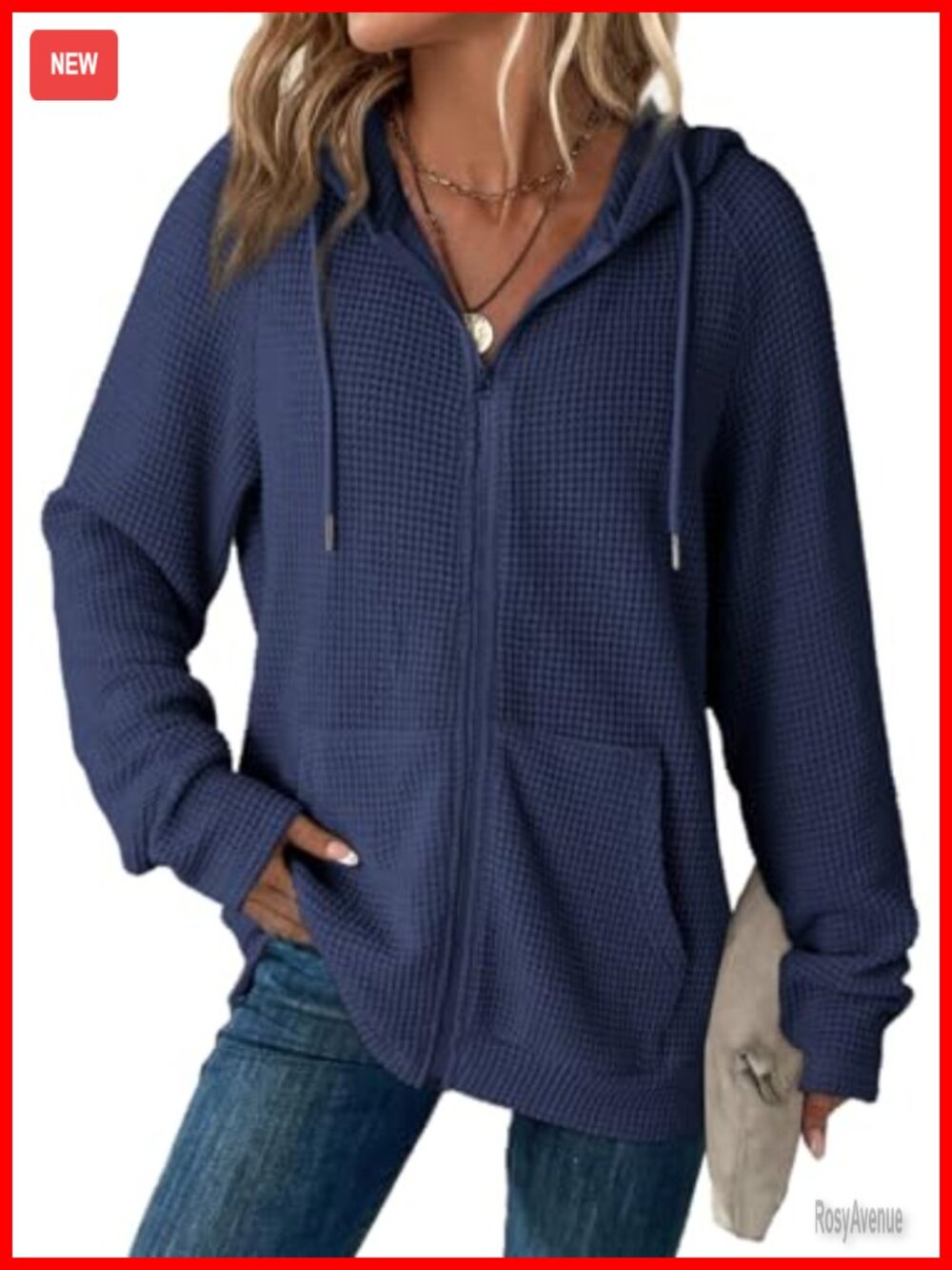 Waffle Knit Full Zip Hoodie Long Sleeve Sweatshirt with Pockets